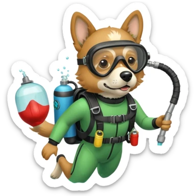 dog wearing scuba green gear dive into the sea with diver mask and oxygen tank sticker