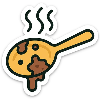 very dirty used spoon with foul odor vapors, icon style, clear lines, simple color palette, emphasizes grime and smell sticker