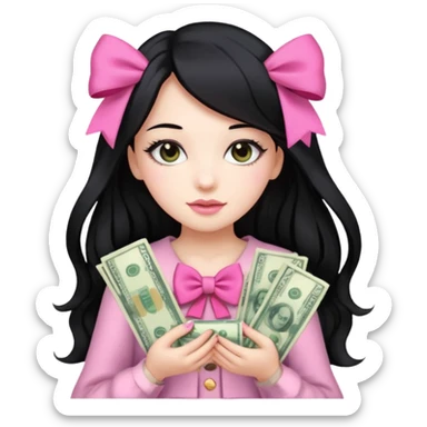 Menina de cabelo preto longo , laços rosas , dinheiro , luxo sticker