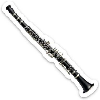 Create an emoji, representing a black standard clarinet. The design should feature a smooth, glossy black body of the clarinet with shiny, silver keys clearly visible. Highlight the intricate details of the mouthpiece and reed at the top, while the body of the instrument should remain simple and elegant. Add subtle musical notes or soundwaves floating around the instrument to symbolize its clear, melodic sound. Use black for the body, silver for the keys, and soft lighting effects to give the instrument a polished, sophisticated look. The background should be transparent. sticker