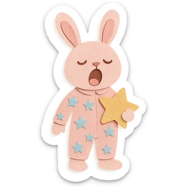 full-body pastel pink bunny in star-pattern pajamas, holding a star-shaped pillow, yawning with sleepy eyes, standing pose, paper-craft style sticker