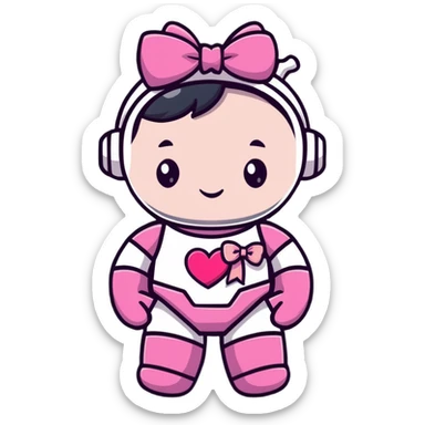 adorable pink robot girl with a hair bow and heart patterns sticker