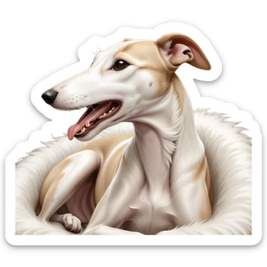 Cinematic Cute Yawning White and Brown Greyhound Portrait Emoji, Head tilted slightly with a dramatic, wide-open yawn, showcasing a pristine white Fur with bold brown markings, floppy ears slightly drooping, round eyes barely open in drowsy contentment, Simplified yet irresistibly adorable features, highly detailed, glowing with a soft, cozy glow, high shine, relaxed yet expressive, stylized with a touch of whimsy, bright and endearing, soft glowing outline, capturing the essence of a sleepy yet affectionate companion, so drowsy it feels like it could stretch out of the screen and curl up for a nap! sticker