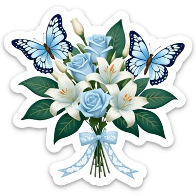 A classic bouquet of pale blue roses, delicate white lilies, and trailing jasmine, tied together with an embroidered ivory ribbon. A butterfly with lace-like wings hovers nearby, casting a soft, intricate shadow over the bouquet. sticker