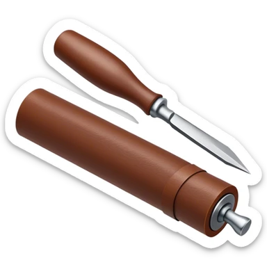 Leatherworking icon, partially unrolled raw leather roll, carving tools like engraver needle or chisel, stamp or press, textured surface, minimalistic style, clean lines, transparent background. sticker