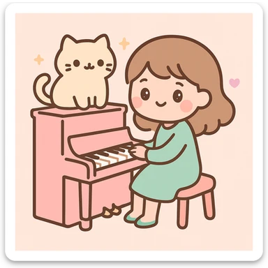 woman playing piano while her cat sits on top of the piano sticker