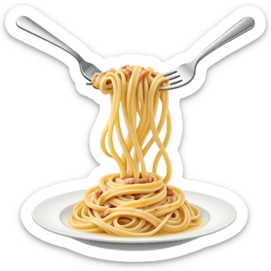 Fork with carbonara spaghetti twirled around it, isolated sticker