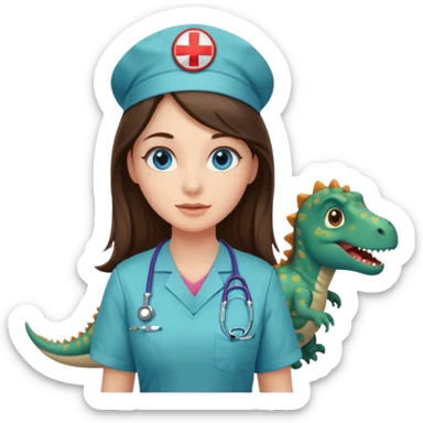 pretty brunette nurse with long hair and blue eyes in dinosaur pattern scrubs sticker