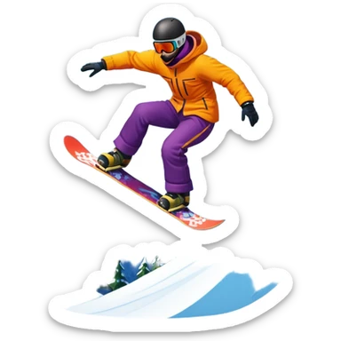 An icon showing a snowboarder performing an exciting jump on a snow-covered slope. The background features towering mountains, snow-covered trees, and a bright, clear sky. Transparent background highlights the speed, agility, and thrill of snowboarding. sticker