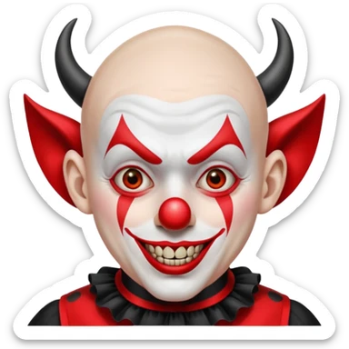 Crea un payaso que tenga toda la parte de la cara pintada de blanco que también de blanco esté la calva que no tenga pelo que tenga unas orejas como de duende, unos dientes picudos, unos cuernos de color negro y un traje de payaso rojo con negro sticker