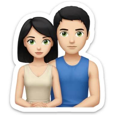 prince,  black Hair, blue eyes, garment,  woman, siiting in man white sleveless dress, blonde hair, green eyes, sticker