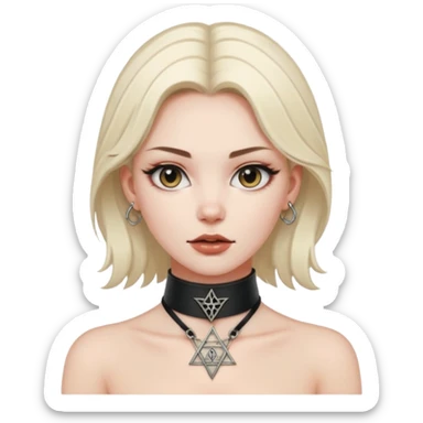 Leather choker with sigil around woman’s neck, pulse visible, dominance tone sticker