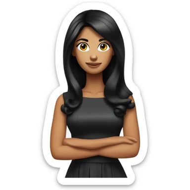 Tanned woman with long black hair wearing 60s style dress and hair sticker