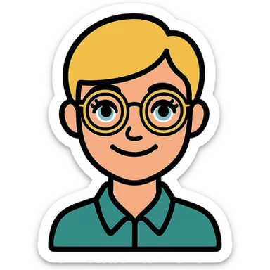 blonde teacher with pixie haircut, gold glasses, blue eyes, big eyelashes, nice smile icon-color-outlined style sticker