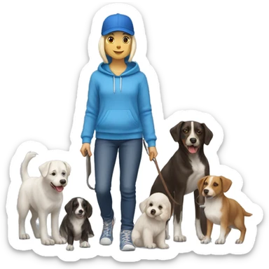 White Dog walker in blue hoodie, jeans, blue baseball cap with eight dogs at heel on her left side sticker