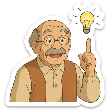 ghibli style elderly man pointing his finger up at a light bulb, pretending that he has an idea sticker