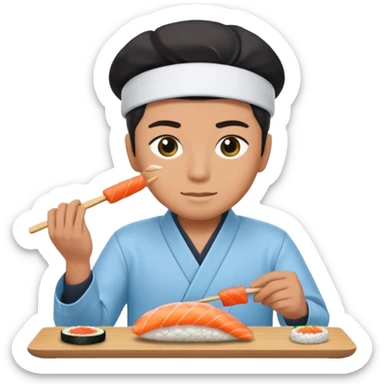 Sushi master making sushi, In a light blue (#a8d6f3) clothes sticker