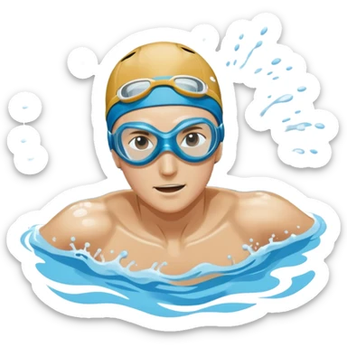 An icon showing a swimmer in mid-stroke, cutting through blue water with splashes around. The swimmer wears goggles and a swim cap, moving with power and grace. Transparent background emphasizes the athleticism, rhythm, and energy of swimming as a competitive and personal sport. sticker