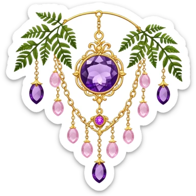 Hanging suncatcher, gold chains with shiny sparkly amethyst and rose-quartz gemstones, roses, fern-leaves  sticker