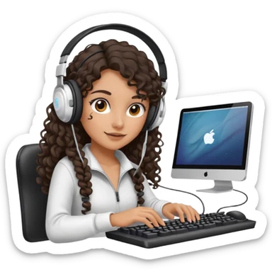 Spanish girl with long dark curly hair, wearing a white gaming headset and playing on keyboard with a gaming mouse in one hand sticker