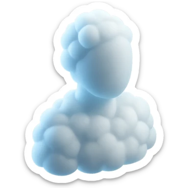 a person from shoulders up, facing straight, entirely made of white fluffy convex clouds, no shadows, matte glass style sticker