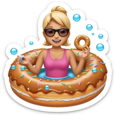 A woman riding a donut float, with bubbles popping all around her sticker