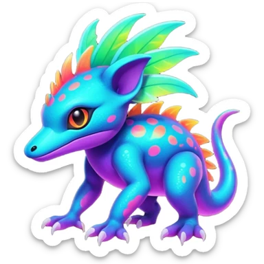 Exotic futuristic lush warm-colored neon tropical Fakémon-Fionbri-creature with cool-colored splash markings  sticker