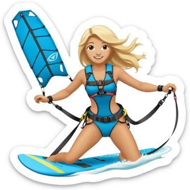 Blonde long haired ladie Kitesurfing with harness sticker