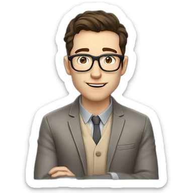 Pale skinned Fit Man With dark brown hair in gray jacket, beige office shirt, Brown pants and vintage glasses sitting In a soft chair with a notebook and a pen Fooling with his tongue sticker