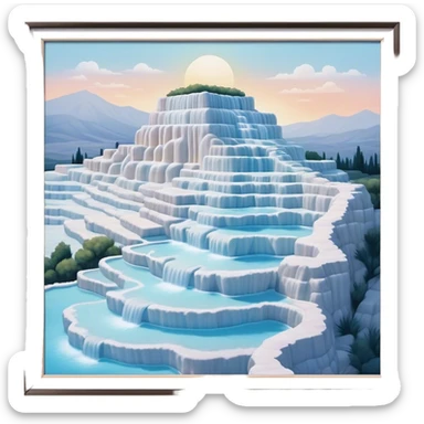 Cinematic Realistic Pamukkale Landmark Emoji, showcasing surreal cascading terraces of thermal waters rendered with ethereal textures and soft, luminous lighting. sticker