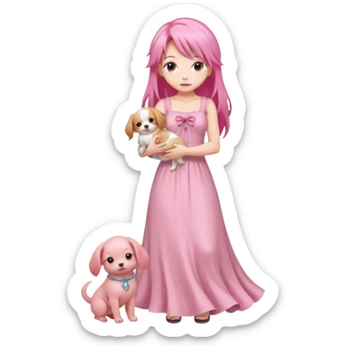 Pastel anime lady long hair pink long dress full body holding puppy sticker