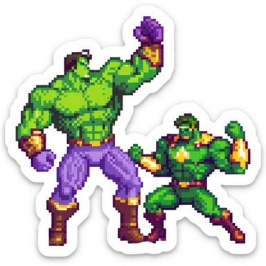 Hulk vs Thanos battle scene, green muscular superhero fighting purple villain with Infinity Gauntlet, action poses sticker