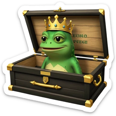 Emoji of an empty wooden coffin with its lid on top, the word ‘ECHO’ carved into the lid. The coffin is shown from the outside. A king-like Pepe the Frog, standing outside the coffin, is hammering nails into the lid to seal it shut. No character is inside the coffin. Not a treasure chest. sticker