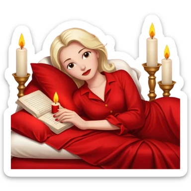 Low bed, red sheets, candles everywhere, woman reclining in shadowed control sticker