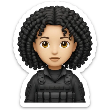emoji dressed in black, curly hair, light skin, and tactical gear  sticker