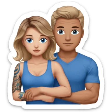 Women with blue eyes and brown blond balayage curled hair in the arms of a man with strong arms a straight face, a very sexy man blue eyes and tattoos on his arm  sticker