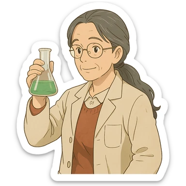 woman science teacher with long graying hair, holding a beaker, in ghibli style sticker