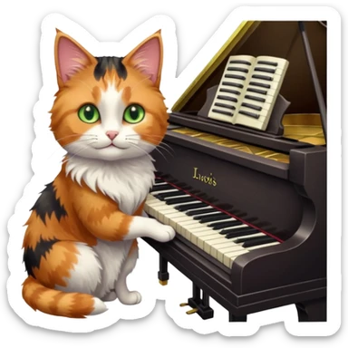 calico cat play piano, portrait sticker