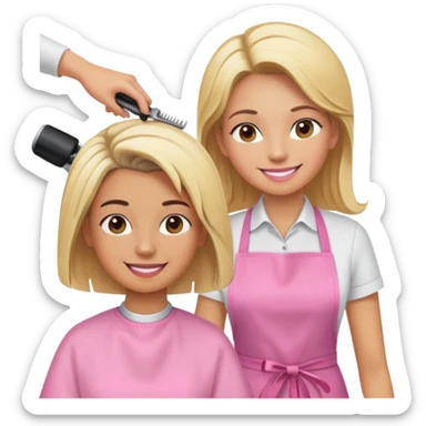 smiling woman in pink apron getting a haircut from a smiling female hairstylist sticker