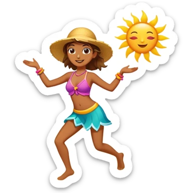 Colorful beach character dancing on sand with sun and ocean, highlighted sticker