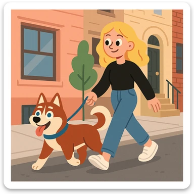Cute Blonde woman wearing a black sweater and jeans and white sneakers walking a happy red-brown blue-eyed Siberian husky in New York City on an upper east side city sidewalk  sticker