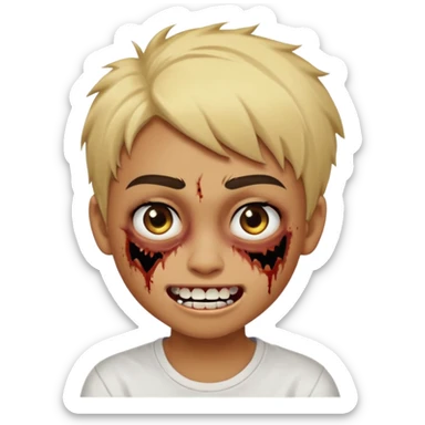 Teenager. Short buzz, messy blonde hair. Dark brown bushy eyebrows large expressive golden-brown eyes, brown skin color, scar over nose, wearing a plain white t-shirt. Crooked grin showing imperfect teeth, one side raised higher than the other, zombie-like smile . brown skin color.  sticker
