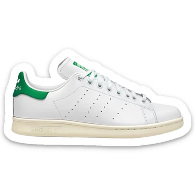 White and green Adidas Stan Smith sneakers with iconic green heel tab and perforated three stripes on the sides sticker