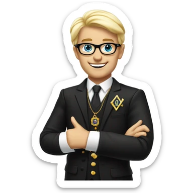Modern Blond and wearing glasses, EnglishFREEMASON wearing black lounge suit jacket and Masonic Jewel and Apron. Show him giving a thumbs up sticker