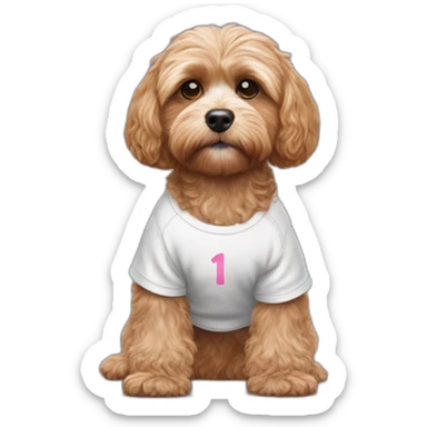 Cavoodle dog wearing a U2 t-shrit sticker