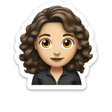 white girl with wavy dark brown hair below shoulder length on a laptop with sticker sticker