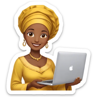 AFRICAN mother wearing gele, smiling, holding laptop on hand sticker