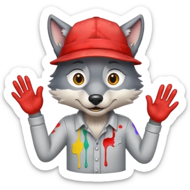 Wolf cartoon shaking hand wering hat and paint shirt  sticker