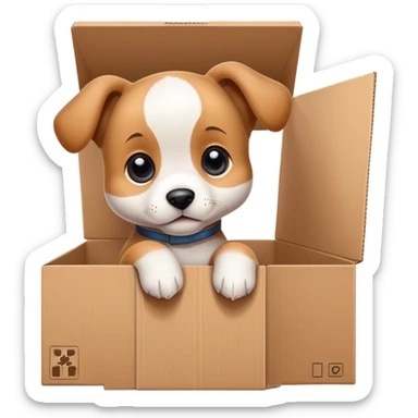 A very cute young puppy  with one's head tilted to one side poked its paws out of the cardboard big box and placed them on top of it sticker