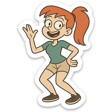 red-haired girl in a playful pose, cartoonish and exaggerated sticker